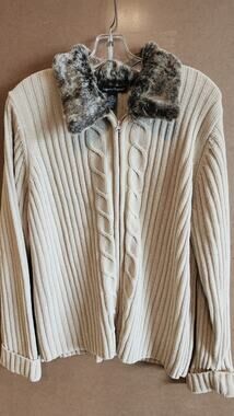 Vtg Designers Originals Zip Up Cable Knit Sweater Cream Faux Fur Collar Sz XL J7